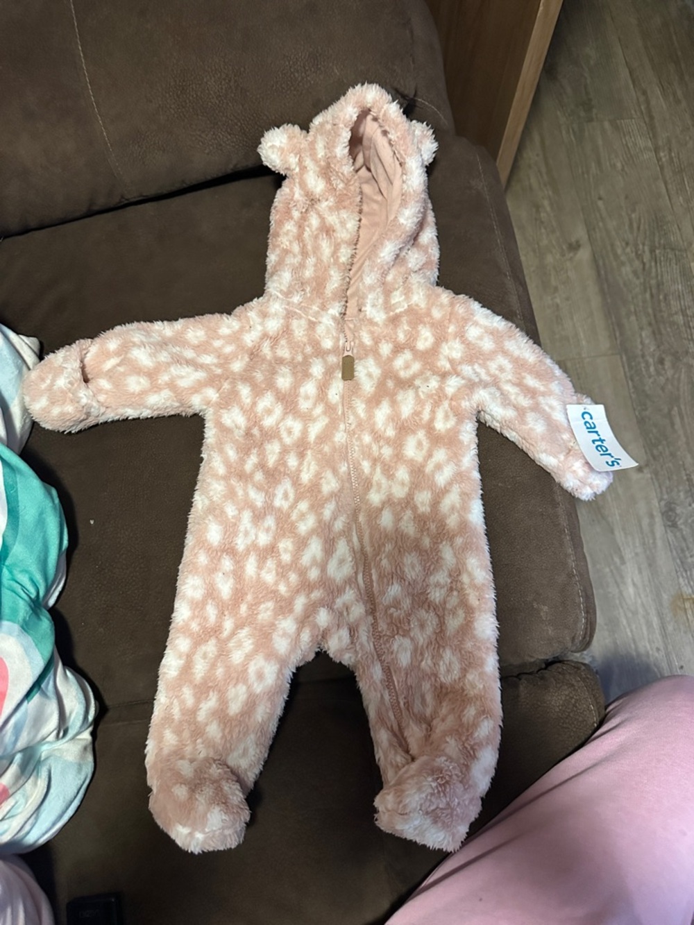 Carter's Blush Pink Fuzzy Hooded Footed One-Piece